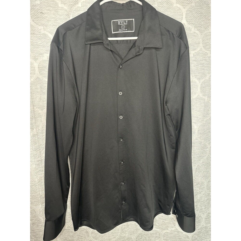 BYLT Premium Basics Executive Fit Long Sleeve Button Up Dress Shirt Black Men L